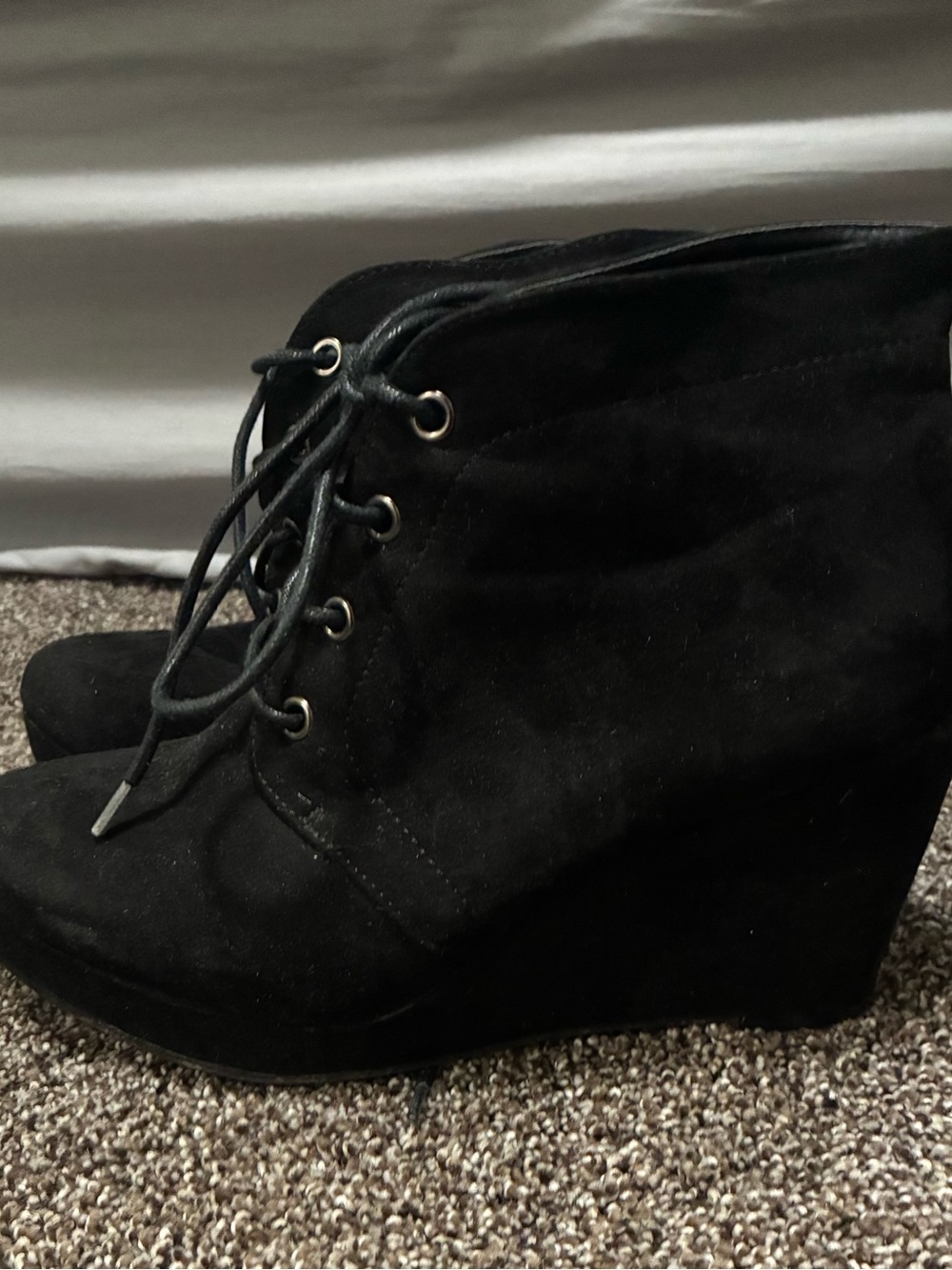 JustFab Black Suede Lace-Up Wedge Ankle Boots